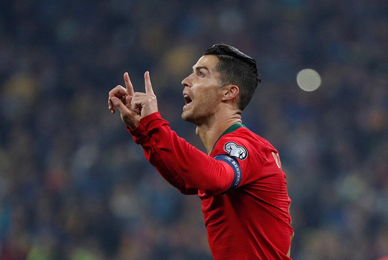 Portugal's Cristiano Ronaldo celebrates scoring their first goal from the penalty spot during the Euro 2020 Qualifier Group B match between Ukraine and Portugal, at NSC Olympiyskiy, in Kiev, Ukraine, on October 14, 2019. Photo: Reuters