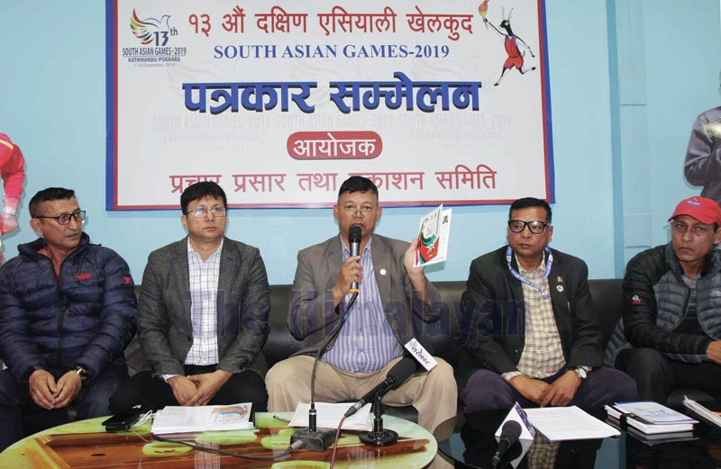 Ganga Bahadur Thapa (centre) co-ordinator of technical committee of the 13th SAG reacts with media during press meet at National Sports Council, Tripureshowr in Kathmandu on Saturday, November 23, 2019. Photo: THT