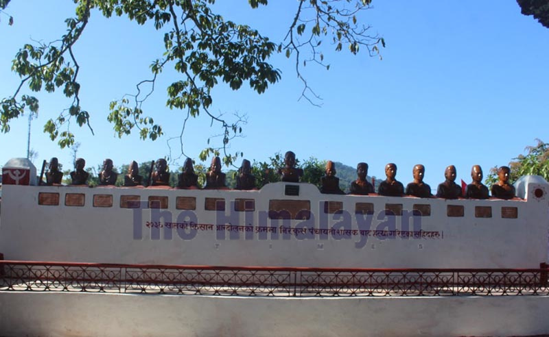 A view of statues of 16 martyrs at Panchkanya Danda of Chhintang in Shahidbhumi Rural Municipality, Dhankuta, on Saturday. Sixteen people were killed for their involvement in anti-panchyat campaign in 1979. Photo: THT