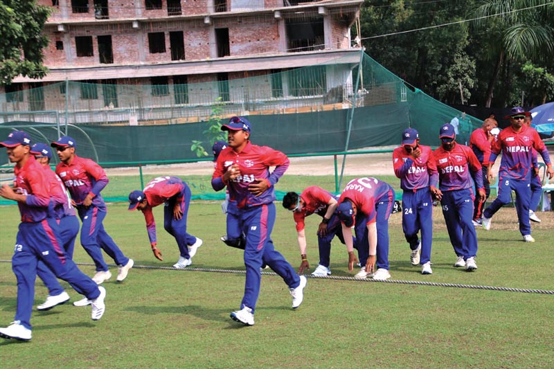 Nepal national cricket team skipper Gyanendra Malla (centre) and other team members enter the pitch during the ACC Emerging Teams Asia Cup match against Bangladesh in Savar on Monday, November 18, 2019. Photo Courtesy: Raman Shiwakoti