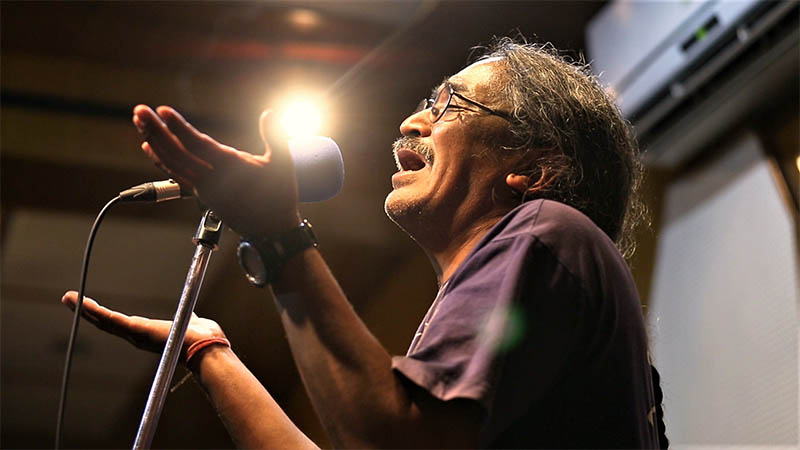 Nepathya lead singer Amrit Gurung sings while recording song at Nepalaya 'R' sala in Kathmandu. Courtesy: Nepalaya