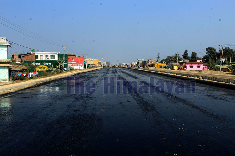 A view of Attariya-Dhangadi six-lane road, which is being blacktopped after two-and-half years, in Kailali, on Wednesday. Photo: THT