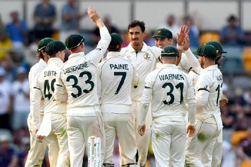 Australia's fast bowler Mitchell Starc celebrates with teammates after taking a wicket during first test match against New Zealand in Perth. Courtesy: ICC/Twitter