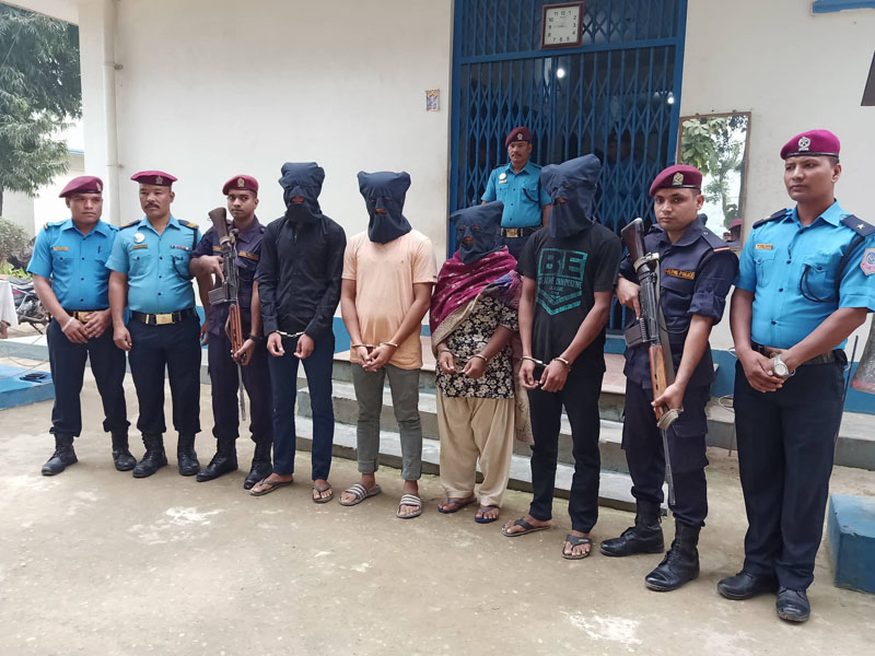 Police making public four persons arrested on the charge of fraud in a press meet, in Bardiya, on Saturday, November 02, 2019. Photo: Tilak Gaunle