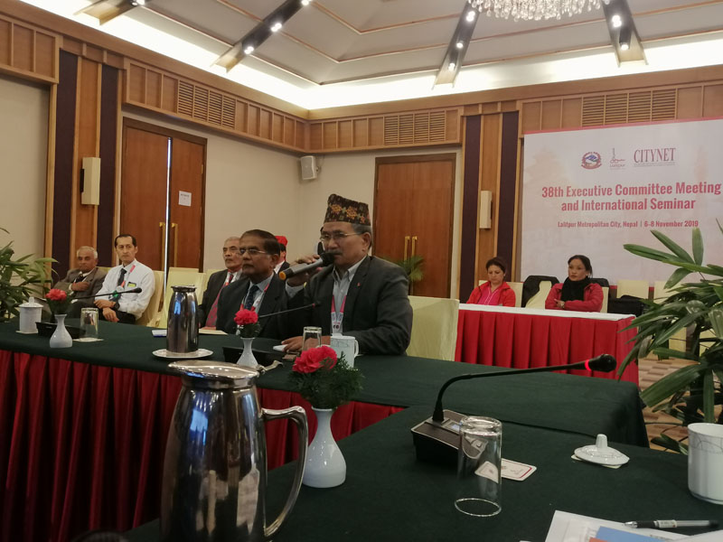 Mayor of Lalitpur Metropolitan City, Chiribabu Maharjan speaks during the press meet of the 38th Executive Committe meeting of CITYNET, in Hotel Himalaya, Lalitpur, on Wednesday, November 7, 2019. Photo: Ankit Khadgi/THT Online