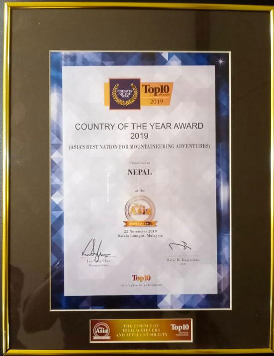 An image of the 'Country of the Year Award, 2019' that was handed to Nepal for being recognised as Asia's Best Nation for Mountaineering Adventures. Photo: Embassy of Nepal, Malaysia