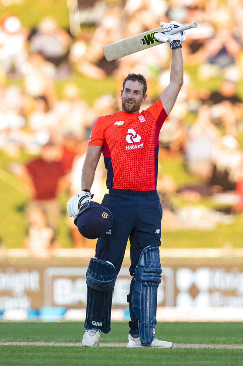 England's Dawid Malan celebrates his century during the T20 cricket match between England and New Zealand in Napier, New Zealand, Friday, November 8, 2019. Photo: AP