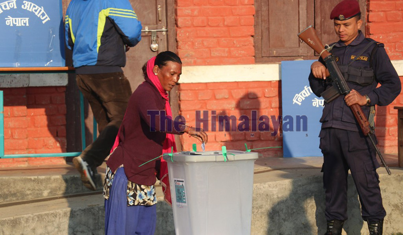 A woman casts her vote  during the by-election in Kohalpur, Banke, on November 30, 2019. Photo: Tilak Gaunle/THT
