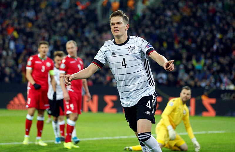 Germany's Matthias Ginter celebrates scoring their first goal  during the Euro 2020 Qualifier Group C match between Germany and Belarus, at Borussia-Park, in Moenchengladbach, Germany, on November 16, 2019. Photo: Reuters