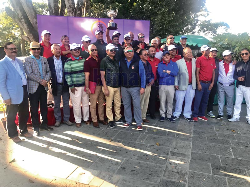 Winners of the 10th Gaekwad invitational Golf Tournament pose for a group photo with officials at the Gokarna Golf Club in Kathmandu on Saturday, November 16, 2017. Photo: THT