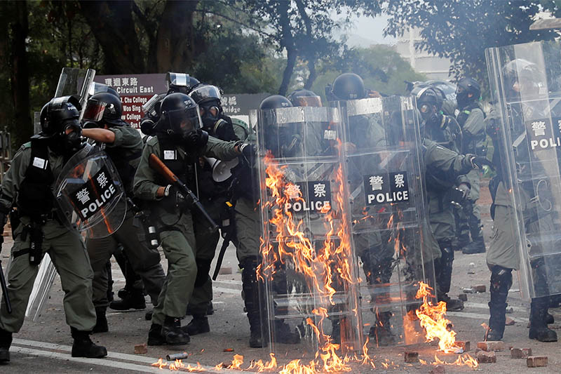 Riot police standoff with university students at the Chinese University of Hong Kong, Hong Kong, China November 12, 2019. Photo: Reuters