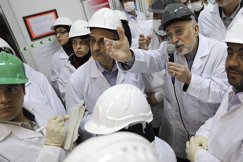 In this photo released on Monday, Nov. 4, 2019 by the Atomic Energy Organization of Iran, Ali Akbar Salehi, head of the organization, speaks with media while visiting Natanz enrichment facility, in central Iran. Photo: AP