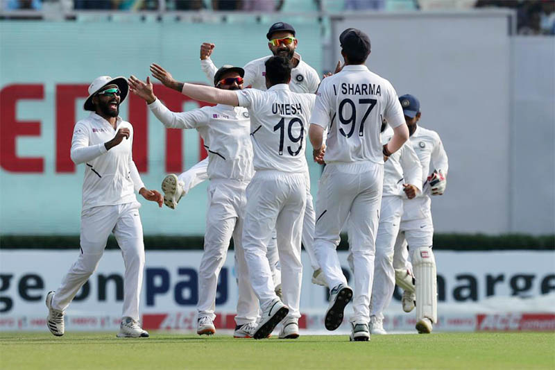 Indian players celebrate after taking a wicket against Bangladesh during 2nd test match in Kolkata, on Friday, November 22, 2019. Courtesy: ICC/Twitter