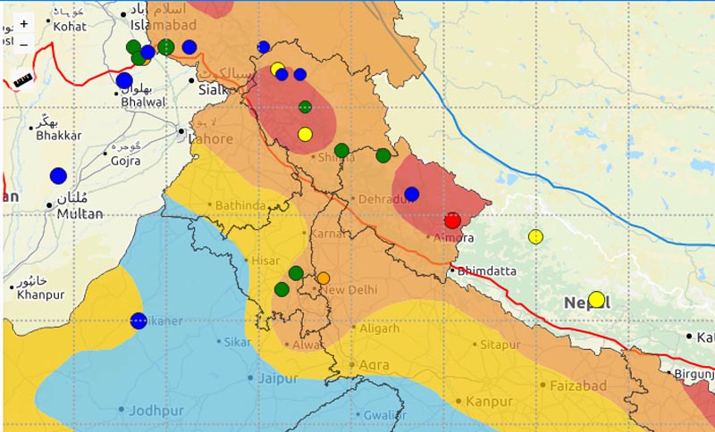 The red spot indicates the epicentre of 4.6 Richter scale India earthquake, whose tremors were felt in the hills of Nepal's Far-West Province, on Tuesday morning, November 12, 2019. Photo credit: National Centre for Seismology, India.