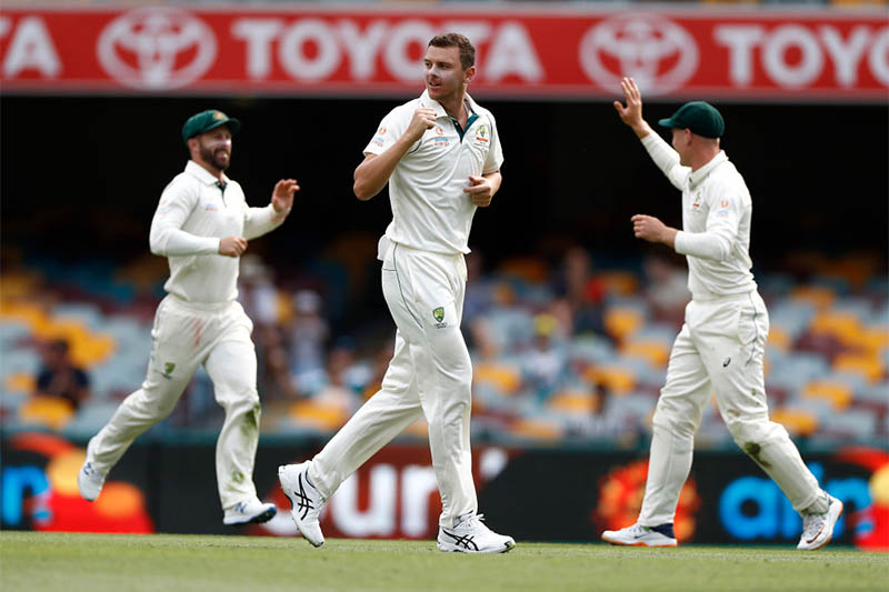 Josh Hazlewood celebrates after taking a wicket against Pakistan during 1st test match at Gabba, in Brisbane, on Sunday, November 24, 2019. Courtesy: ICC/Twitter