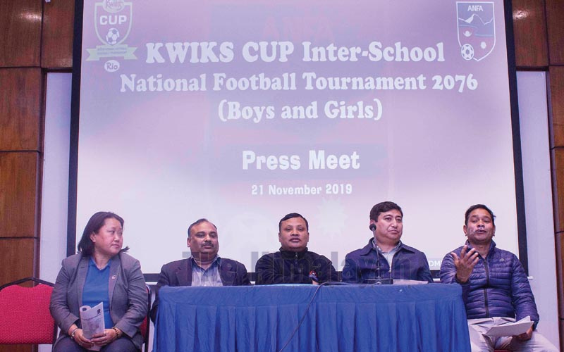 Officials of All Nepal Football Association and Chaudhary Group at a press meet of Kwik’s Cup Inter-school National Football Tournament in Lalitpur on Thursday, November 21, 2019.Photo: THT