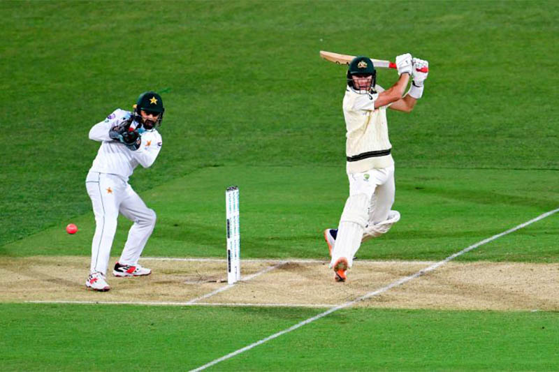 Australia batsman Marnus Labuschagne plays a shot as Pakistani wicketkeeper looks on during 2nd test match. Courtesy: ICC/Twitter