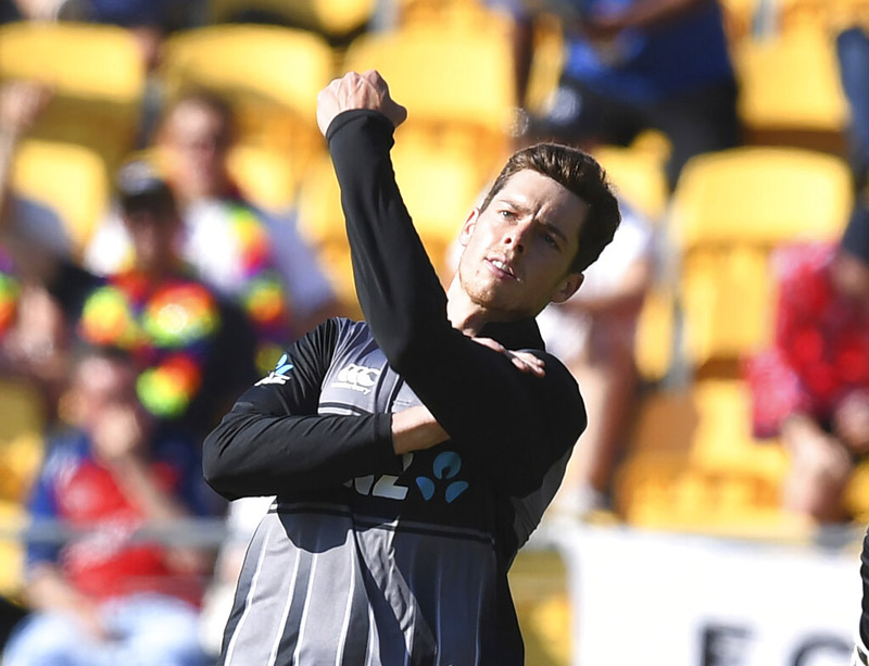 New Zealand's Mitchell Santner signals the dismissal of England's Chris Jordan for 36 during the T20 cricket game between England and New Zealand in Wellington, New Zealand, Sunday November 3, 2019. Photo: AP