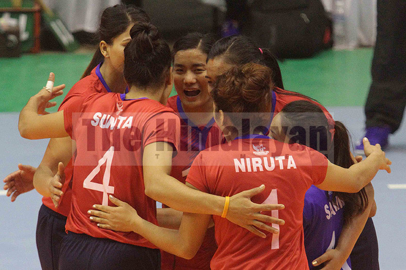 Nepali players celebrate after scoring a point against Bangladesh during the 13th South Asian Games at National Sports Council covered hall, Tripureshwor, in Kathmandu, on Wednesday, November 27, 2019. Photo: Udipt Singh Chhetry/THT