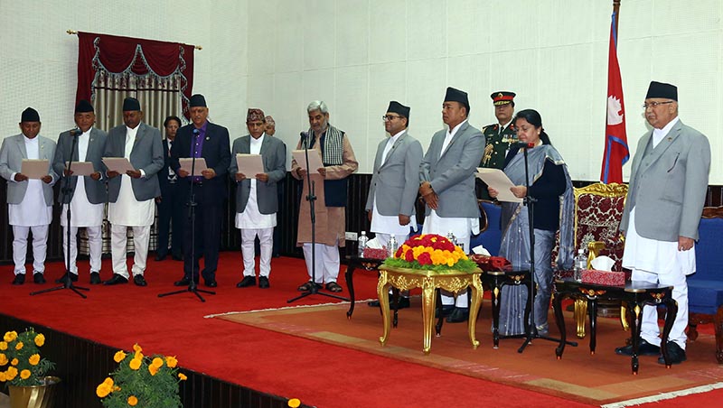 President Bidya Devi Bhandari administering the oath of office and secrecy to the newly-appointed ministers in a special function, at  Rashtrapati Bhawan, Sheetal Niwas, in Kathmandu, on Thursday, November 21, 2019. Photo: RSS