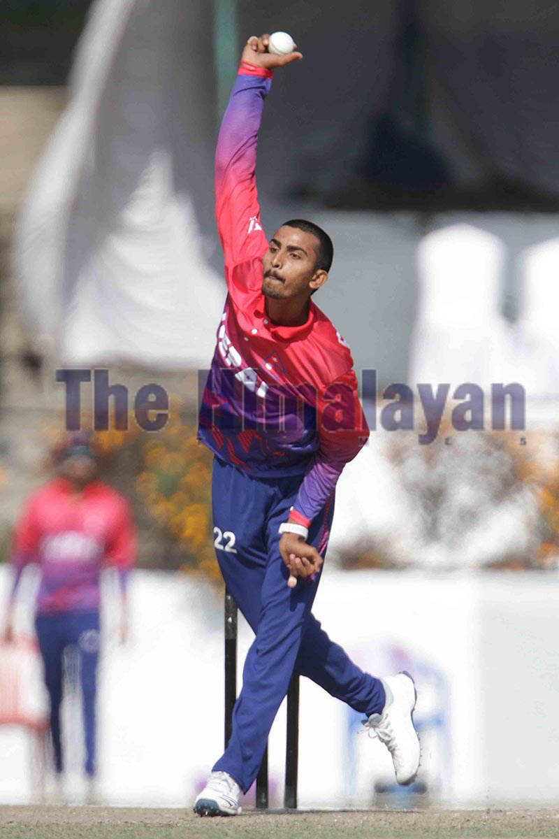 Pawan Sarraf bowls against Marylebone Cricket Club in a fifty over cricket match at TU Stadium, Kirtipur in Kathmandu on Monday. Photo: Udipt Singh Chhetry/ THT