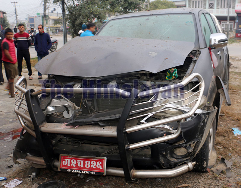 An image of the car that was damaged in a explosion at Himali Tol of Pokhara Metropolitan City-17 of Kaski district, Monday, November 25, 2019. Photo: Rishi Ram Baral/ THT