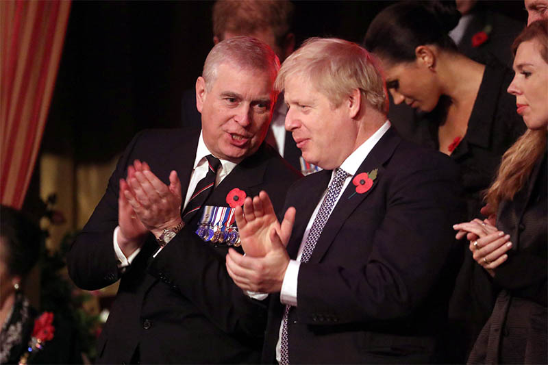 Britain's Prince Andrew and Prime Minister, Boris Johnson, attend the Royal British Legion Festival of Remembrance at the Royal Albert Hall in London, Britain November 9, 2019. Photo: Reuters