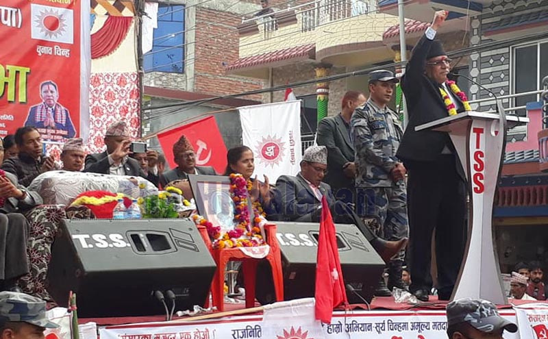 Nepal Communist Party (NCP) Co-chairman Pushpa Kamal Dahal addressing a by-election mass meet organised in Bharatpur metropolis, Chitwan, on Monday, November 25, 2019. Photo: THT