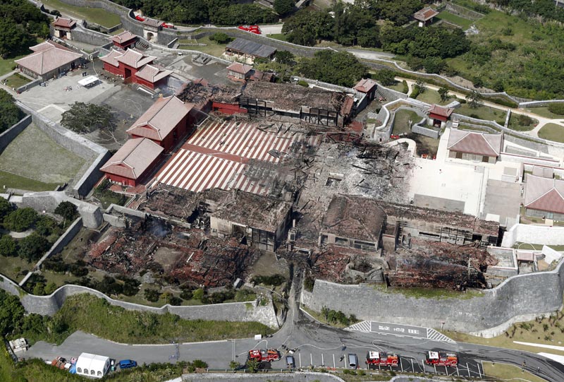An aerial view shows the burned down Shuri Castle, listed as a World Heritage site, in Naha on the southern island of Okinawa, Japan, October 31, 2019. Photo: Kyodo via Reuters