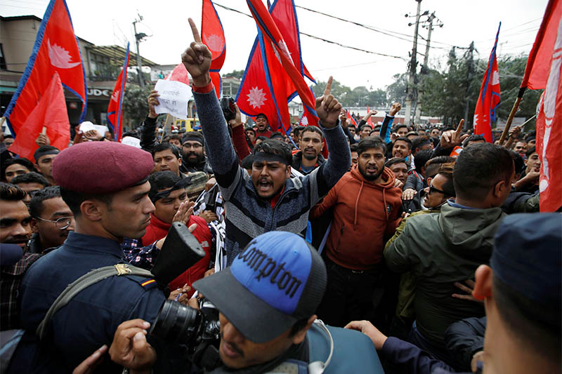 Nepali students protest against the new map of India near the Indian Embassy in Kathmandu Nepal November 8, 2019. Photo: Reuters