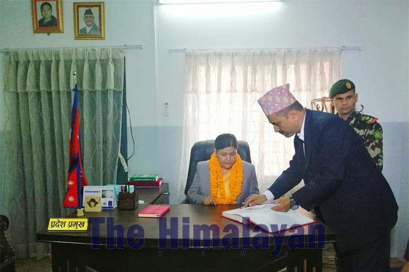 Newly-appointed Governor of Sudurpaschim Province, Sharmila Kumari Panta assumes her office, in Dhangadhi Sub-metropolitan City, Kailali district, on Thursday, November 7, 2019. Photo: Tekendra Deuba/THT