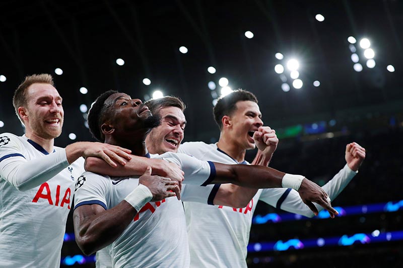 Tottenham Hotspur's Serge Aurier celebrates scoring their third goal with Christian Eriksen, Harry Winks and Dele Alli during the Champions League Group B match between Tottenham Hotspur and Olympiacos, at Tottenham Hotspur Stadium, in London, Britain, on November 26, 2019. Photo: Action Images via Reuters