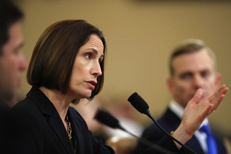 Former White House national security aide Fiona Hill, and David Holmes, a US diplomat in Ukraine, right, testify before the House Intelligence Committee on Capitol Hill, in Washington, Thursday, November 21, 2019, during a public impeachment hearing of President Donald Trump's efforts to tie US aid for Ukraine to investigations of his political opponents. Photo: AP Photo