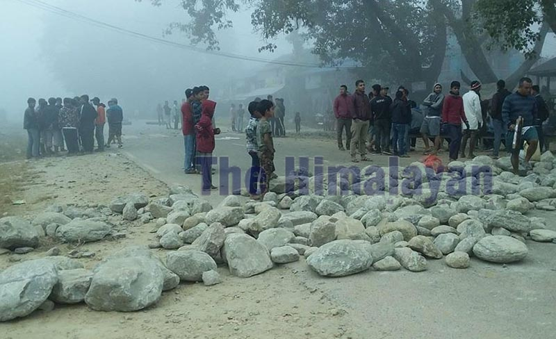Locals protesting against the contractor company after river materials were extracted without meeting basic criteria in Lalbazaar, Udayapur, on Tuesday.u00a0 Photo: THT