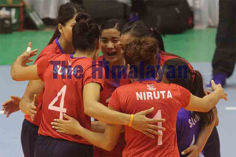 Nepali players celebrate after scoring a point against Bangladesh during the 13th South Asian Games at National Sports Council covered hall, Tripureshwor, in Kathmandu, on Wednesday, November 27, 2019. Photo: Udipt Singh Chhetry/THT