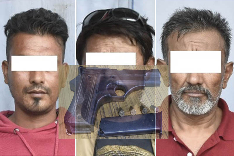 Police making public alleged illegal gun smugglers along with the seized arms and ammunition at Metropolitan Police Range, Kathmandu, on Thursday, November 07, 2019. Courtesy: MCD