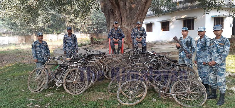 The seized cycles that were used to ferry contraband dates in Bara, on Monday, November 11, 2019. Photo: Pushpa Khatiwada/ THT