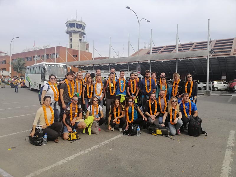 Runners participating in Everest trail race, which covers at least 172 km, seen posing for a camera outside TIA airport. Photo Courtesy: Kami Thapa