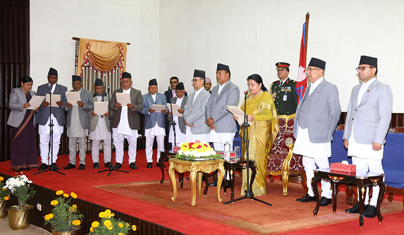 President Bidya Devi Bhandari administering the oath of office and secrecy to newly-appointed governors -- Somnath Adhikari 'Pyasi' (Province 1), Tilak Pariyar (Province 2), Bishnu Prasad Prasain (Province 3), Amik Sherchan (Gandaki Province), Dharmanath Yadav (Province 5), Govinda Prasad Kalauni (Karnali Province) and Sharmeela Kumari Pant (Sudurpaschim Province) -- in a special function at Rashtrapati Bhawan, Sheetal Niwas, in Kathmandu, on Tuesday, November 5, 2019. Photo: RSS