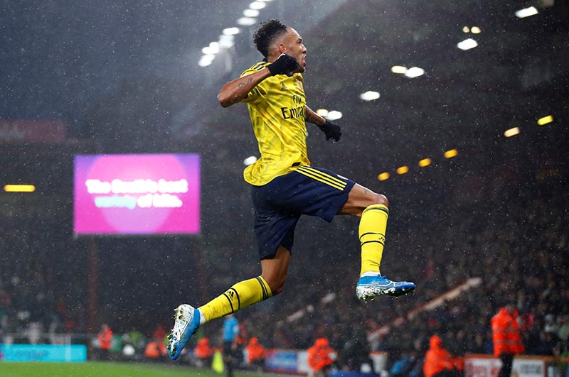 Arsenal's Pierre-Emerick Aubameyang celebrates scoring their first goal during the Premier League match between AFC Bournemouth and Arsenal, at Vitality Stadium, in Bournemouth, Britain, at December 26, 2019. Photo: Reuters