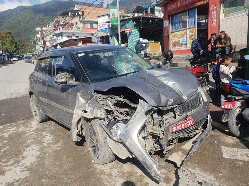 The car that hit the victim on the morning of December 14 is seen in a wreaked condition, at the accident site, in Budhanilkantha, in Kathmandu. Photo Courtesy: Metopolitan Police Sector, Budhanilkantha.