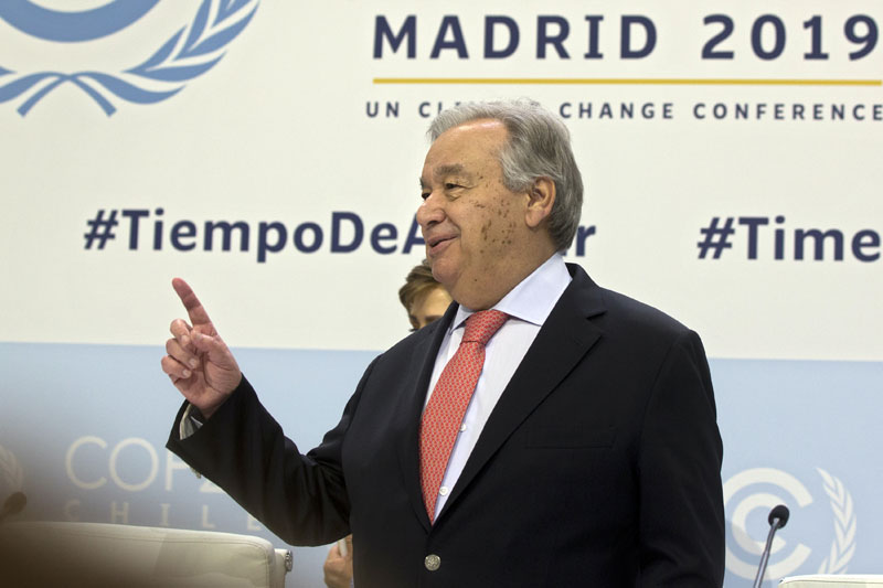 UN Secretary-General Antonio Guterres arrives for a news conference at the COP25 summit in Madrid, Spain, Sunday, Dec 1, 2019. Photo: AP