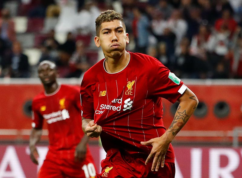 Liverpool's Roberto Firmino celebrates scoring their second goal during the Club World Cup Semi Final match between Monterrey and Liverpool, at  Khalifa International Stadium, in Doha, Qatar, on December 18, 2019. Photo: Reuters
