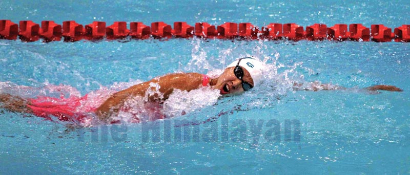 Gaurika Singh swims in women's 200 meters freestyle final during the 13th South Asian Games at International Sports Complex swimming pool, Satdobato in Lalitpur on Thursday, December 5, 2019. Photo: Udipt Singh Chhetry/THT