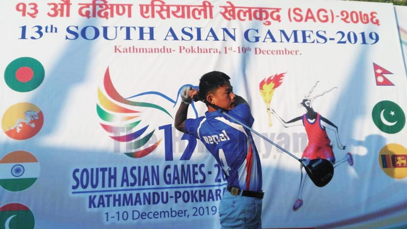 Sukra Bahadur Rai plays a shot during the golf tournament under the 13th South Asian Games in Kathmandu on Tuesday, December 3, 2019.Photo: THT