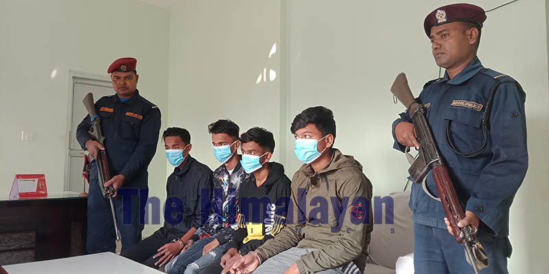 Balakrishna Sah (18) of Golbazaar-6, Manish Shrestha (18), Bimal Kumar Sah (22) and his brother Nilam Kumar Sah (18) of Golbazaar-3 arrested with brown sugar in Siraha district. Photo: Aashish BK / THT