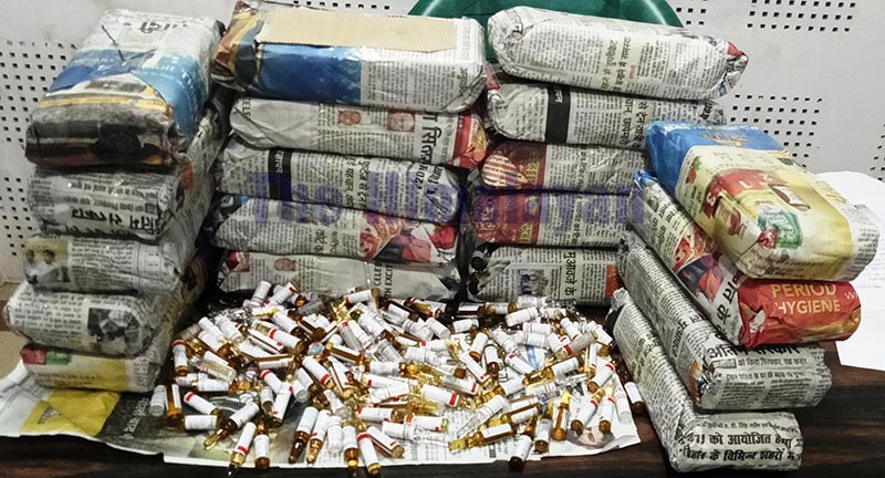 This image shows the illegal pharmaceutical drugs seized by police, in Bara district, on Thursday, December 19, 2019. Photo: Pushpa Raj Khatiwada/THT