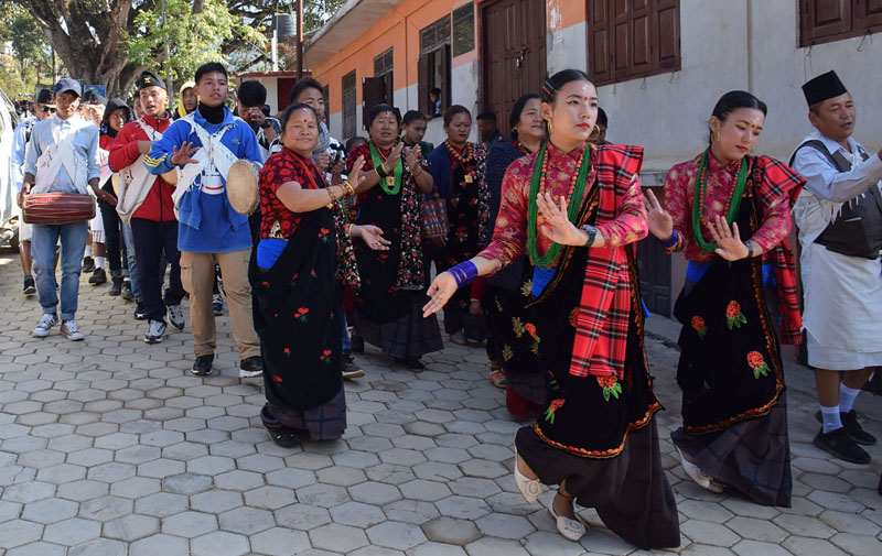 People of the Gurung community presenting a traditional dance during a programme organised on the occasion of Tamu Lhosar by Bandipur Tamu Tai Kri Taba Society, in Bandipur, on Monday, December 30, 2019. Photo: RSS