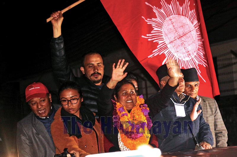 Bidhya Bhattarai waving to supporters after by-election results declared her the winner in Kaski Constituency 2, in Pokhara, on Sunday. Photo: THT