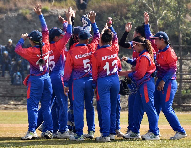 Nepali Women cricket team celebrates after winning the opening game of  13th South Asia Games (SAG) held in Pokhara on Monday, December 2, 2019. Photo: RSS